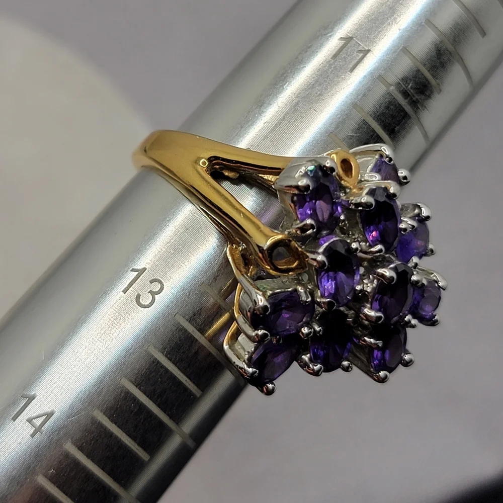 Vintage Gemstone Cluster Cocktail Ring  Amethyst Gold Tone